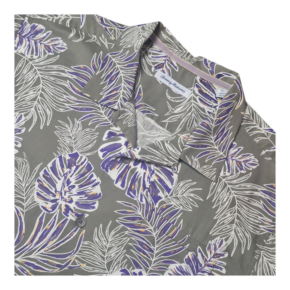 Tommy Bahama Men's XL Silk Hawaiian Camp Shirt Olive Green Purple Floral Tropic - Picture 1 of 7
